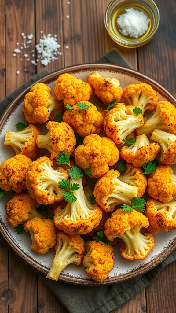 Roasted cauliflower florets garnished with parsley on a rustic plate.